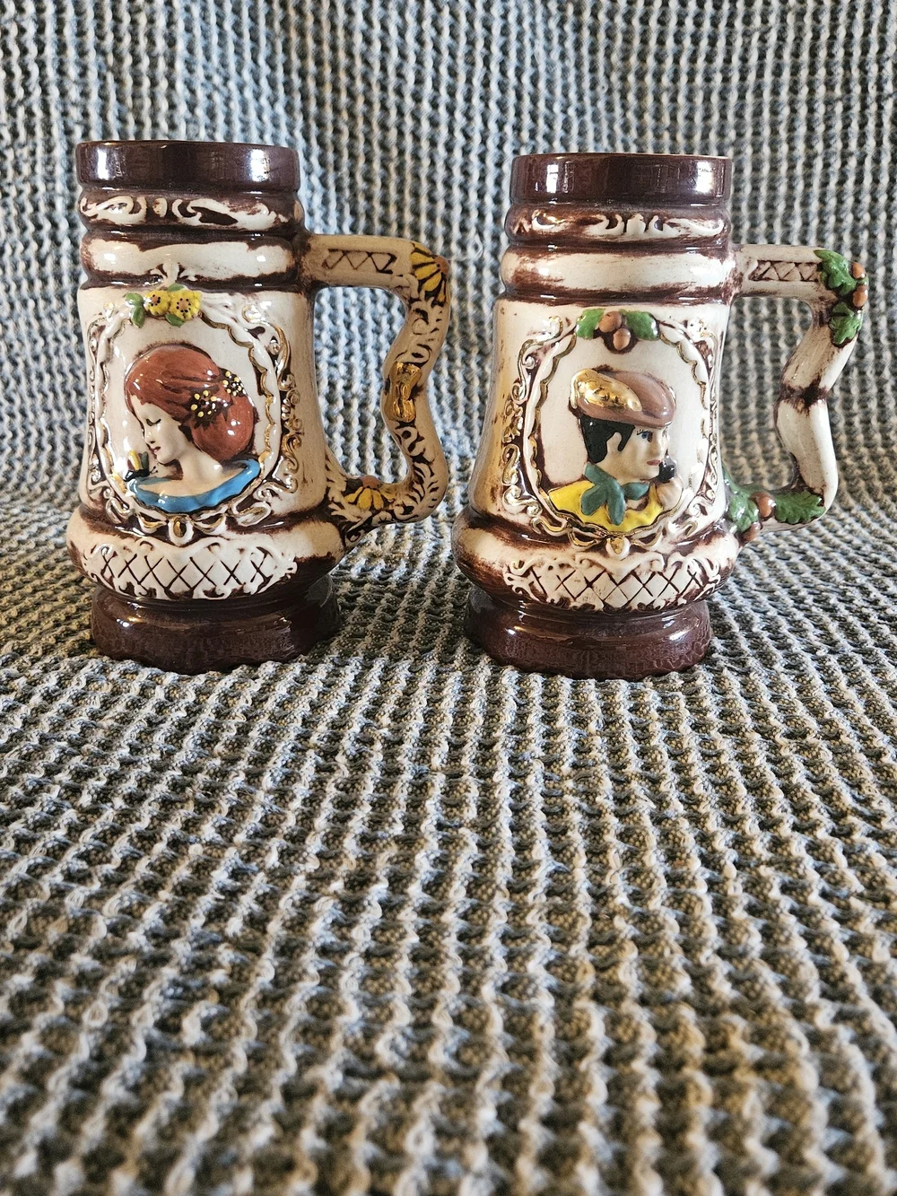 Ceramic Decorative Beer Stein Pair - Brown and Cream